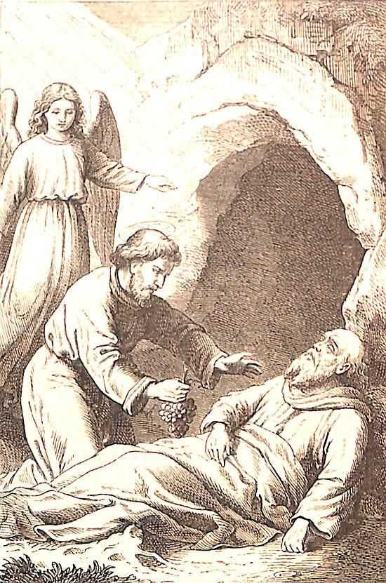 Der heilige Felix liegt vor einer Höhle