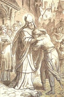 Der heilige Franz von Sales in seiner Bischofskleidung tröstet einen jungen Mann, der sich an seiner Brust ausweint.