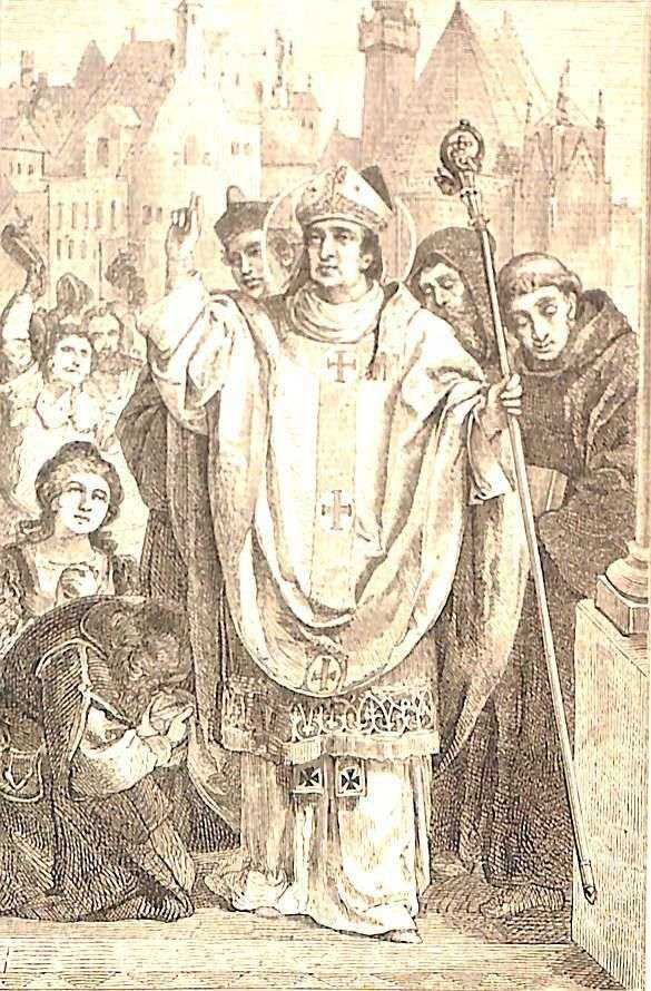 Der heilige Bischof Hilarius steht auf dem Marktplatz; das gläubige Volk kniet und hören dem Heiligen zu