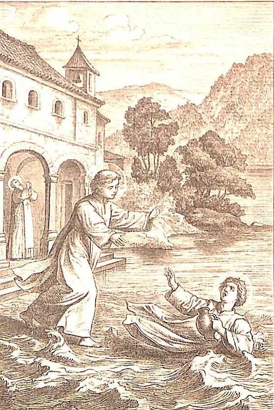 Der heilige Maurus läuft über das Wasser, um einem Mitbruder, der in den See gefallen ist, zu Hilfe zu kommen.
