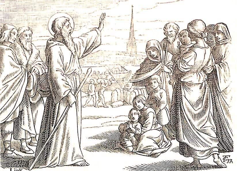 Der heilige Severin mit dem Wanderstab in der Hand, die linke Hand erhoben, grüßt die Wartenden.