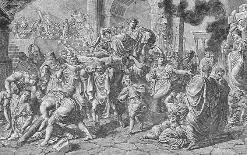 Der Tyrann und Christenverfolger Nero sitzt mit seiner Gespielin auf einem tragbaren Polster, das von Männern mit Mühe getragen wird.