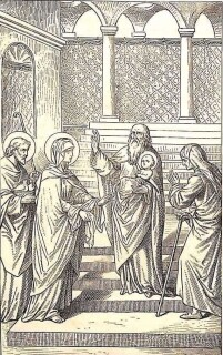 Der heilige Simoen hält das Jesuskind im Arm, die rechte Hand etwas erhoben; links stehen die Gottesmutter Maria.