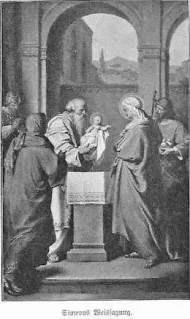 Im Tempel hält der heilige Greis Simeon das Jesuskind in Händen, die Mutter Jesu Maria sowie der hl. Joseph und die hl. Anna stehen ebenfalls dabei