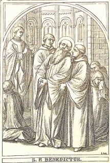 Der heilige Benedikt steht, von einem Mitbruder gestützt, zum Sterben bereit; um ihn sind weitere Mönche zu sehen