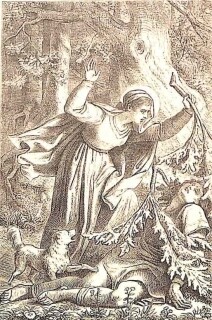 Die heilige Margareta sieht im Wald den jungen Mann erschlagen auf dem Boden; entsetzt schaut sie ihn an, ein Hund ist bei ihr.