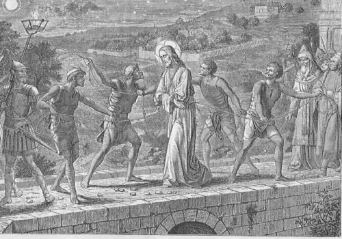 Die Gefangennahme Jesu Jesus wird mit Seilen gefesselt von Schergen über eine steinerne Brücke geführt, gefolgt von Mitgliedern des Hohen Rates; einer der Schergen erhebt seine Hand, um Jesus mit dem Seil zu schlagen