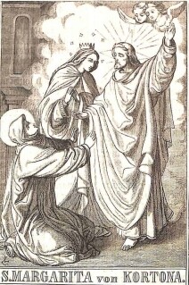 Die heilige Margareta kniet vor ihr erscheinenden Jesus, seitlich von ihm steht die Muttergottes Maria und über ihnen zwei kleine Engelchen.