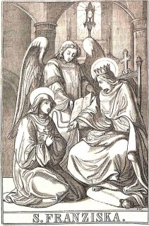 Die heilige Frau kniet vor der Königin, ein Engel steht an der Seite und hält ein Buch in der Hand