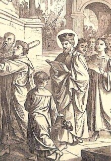 Der heilige Philipp in einer Prozession, er liest aus einem Gebetbuch vor, ein Junge vor ihm schwenkt Weihrauch, eine Musikkapelle spielt.