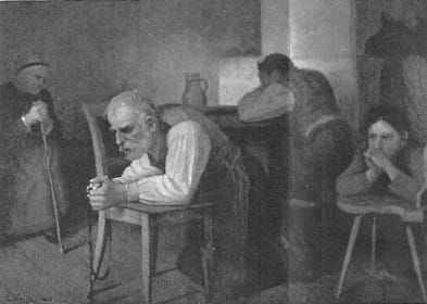 Zwei Männer und eine Frau knien in der Stube mit gefalteten Händen