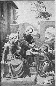 Die heilige Familie: Jesus und sein Adoptivvater Joseph arbeiten zusammen vor dem Haus an einem Holzstück.