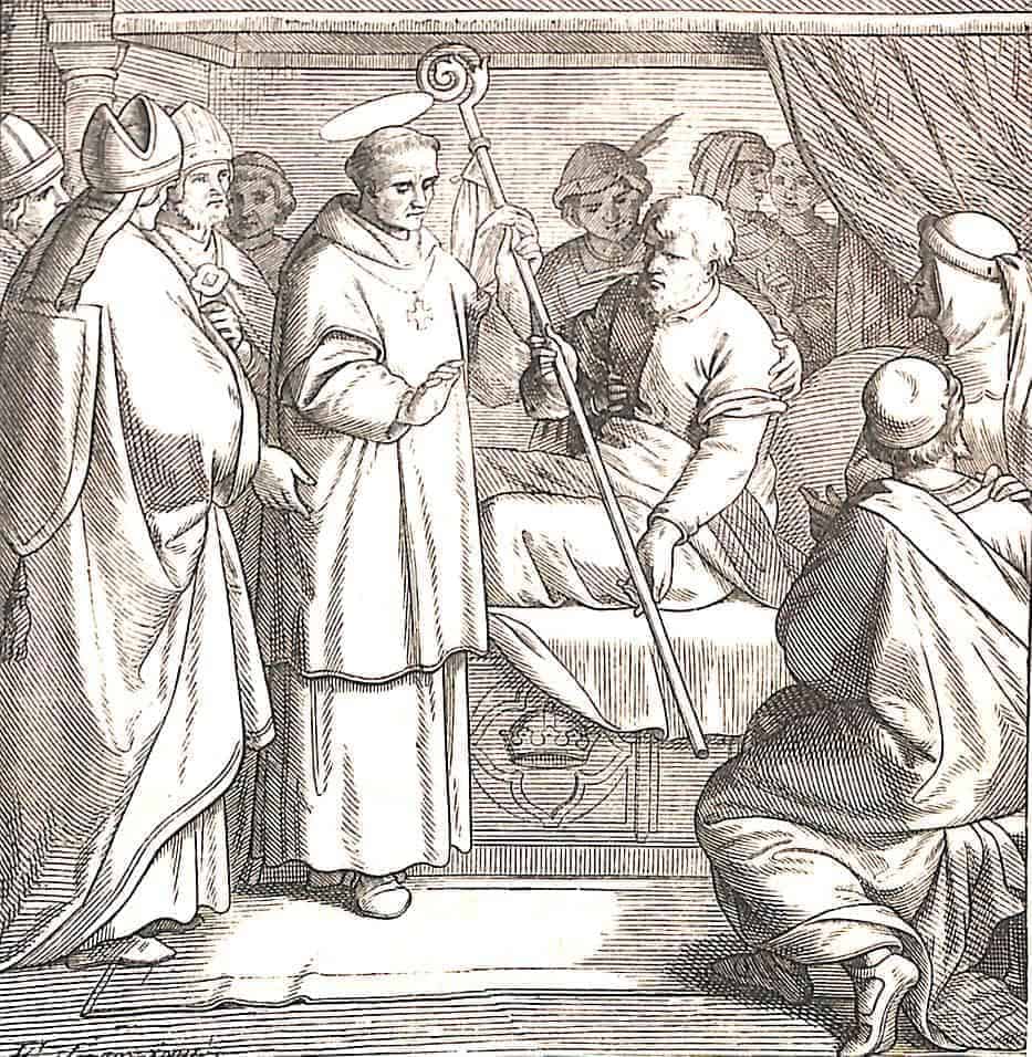 Der Bischof mit dem Bischofsstab besucht einen Kranken. Er wird begleitet von zwei Geistlichen. Der Kranke ist umgeben von Familienangehörigen