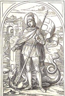 Der heilige Georg steht in Waffenrüstung vor einer mittelalterlichen Stadt, den Siegesspeer hält er in der linken Hand.