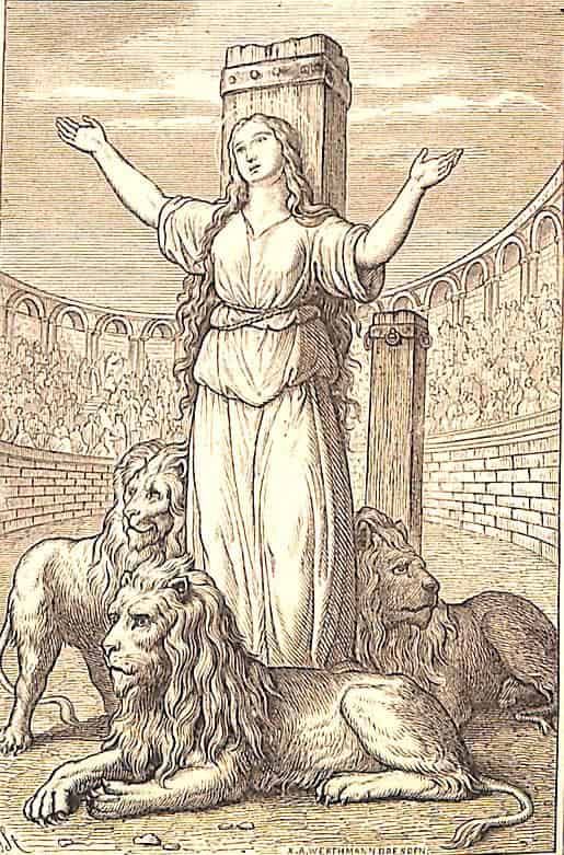 Die heilige Blandina steht Amphitheater an einem Holzpfeiler, die arme ausgebreitet, zu ihren Füßen liegen friedlich drei Löwen