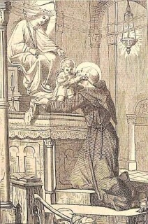 Der heilige Felix von Cantalice kniet vor dem Altar empfängt das Jesuskind von der Seiner Mutter und Himmelskönigin.