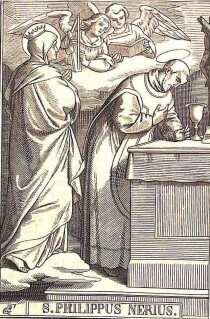 Der heilige Philipp Neri hält die heilige Messe, vor ihm steht der Kelch.