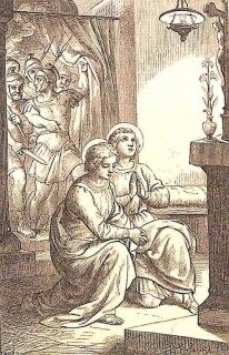 Die heiligen Brüder Johannes und Paulus knien in Anbetung vor dem Kruzifix.