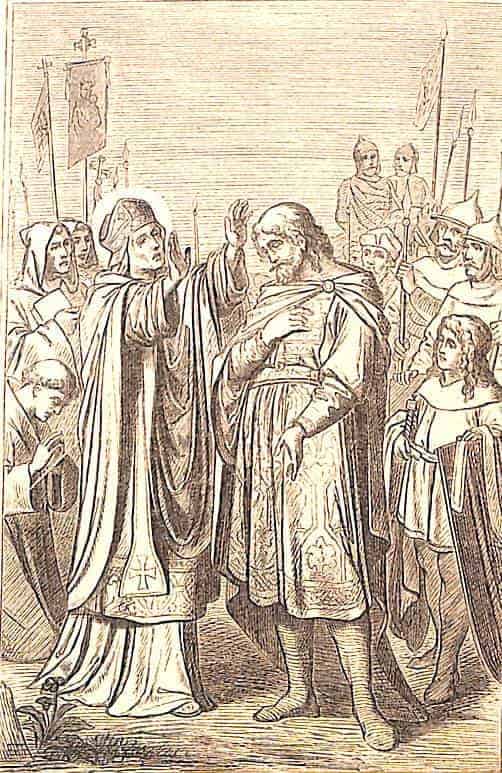 Der Heilige Bischof Otto von Bamberg segnet den Kaiser, der demütig vor ihm steht.