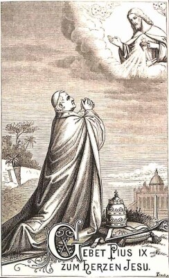 Papst Pius IX. auf den Knien betet zu Jesu, der in den Wolken erscheint und sein Herz zeigt