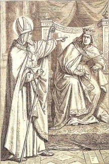 Der heilige Bischof Friedrich steht vor dem Kaiser, den Bischofsstab in der rechten Hand.