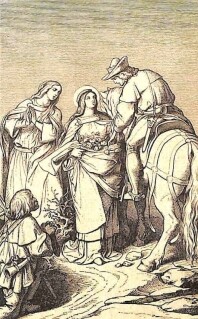 Die heilige Elisabeth wird von einem Reiter auf seinem Pferd angehalten, um zu schauen, was die Heilige bei sich trägt.