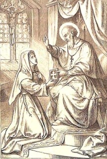 Die heilige Johanna von Chantal kniet in ihrem Ordensgewand vor einem heiligen Bischof, wahrscheinlich Franz von Sales.