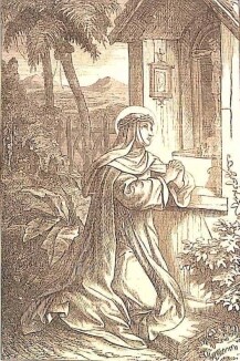 Die heilige Rosa von Lima kniet im Garten vor ihrer aus Holz erbauten Andachtshütte, in dem ein Kruzifix hängt sowie ein Bild.