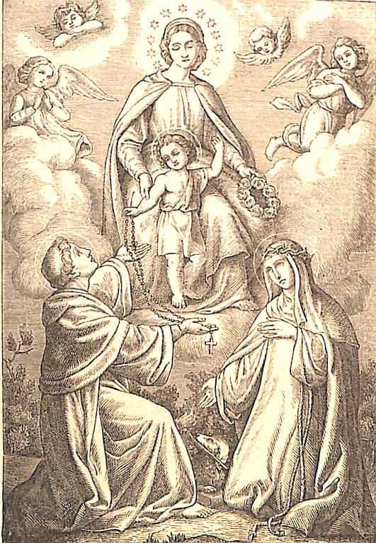 Im Vordergrund des Bildes knien der heilige Dominikus und die heilige Katharina von Siena mit der Dornenkrone auf ihrem Haupt.