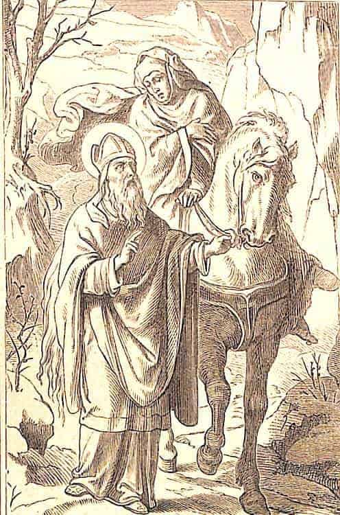 Der heilige Bischof Eberhard führt das Pferd an der Leine; auf dem Pferd sitzt eine Frau, die er offenbar belehrt