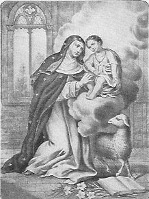 Die heilige Agnes von Montepulciano umfasst das Jesuskind, das auf einer himmlischen Wolke sitzt.