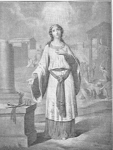 Die heilige Märtyrerin Enkratia schaut zum Himmel hinauf, während sie mit der linken Hand auf die Marterwerkzeuge schaut.