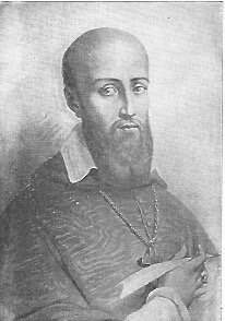 Porträt des heiligen Franz von Sales, er hat einen länglichen Kopf mit Bart, in der Hand hält er einen Gänsekiel zum Schreiben