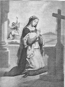 Die heilige Märtyrerin Theodora kniet vor einem Kruzifix, und betet mit gefalteten Händen; im Hintergrund sieht man, wie sie mit dem Beil geköpft wird