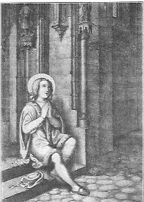 Der heilige junge Prinz Kasimir sitzt auf den Stufen des Eingangs zur Kirche und betet, die Hände gefaltet