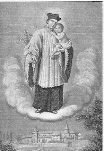 Der heilige Hermann steht auf einer Wolke in Ordenstracht der Prämonstratenser, in der rechten Hand hält er einen Lilienzweig.