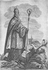 Der heilige Valentin steht in seiner Bischofskleidung, den Bischofsstab in der linken Hand.