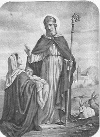 Der heilige Bischof und Märtyrer Blasius segnet eine kniende Mutter mit ihrem Kind