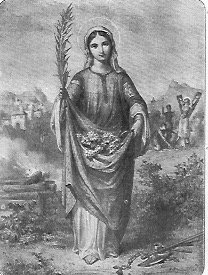 Die heilige Jungfrau und Märtyrerin Eulalia steht neben der Feuerstelle und den Marterwerkzeugen.