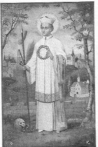 Der selige Gottfried hält in der linken Hand einen Kranz, in der rechten einen Speer.