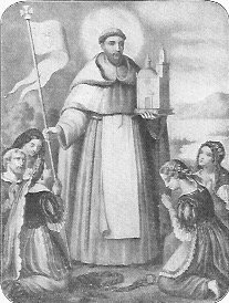 Der heilige Petrus Nolascus steht in seinem Ordensgewand, in der rechten Hand die Siegesfahne, in der linken Hand das Modell einer Kirche.