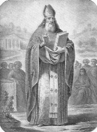 Der heilige Timotheus steht im Bischofsgewand mit einem Buch in der Hand.