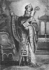 Der heilige Erzbischof Wilhelm von Bourges steht neben seinem Bischofsstuhl, in der Hand ein Buch.