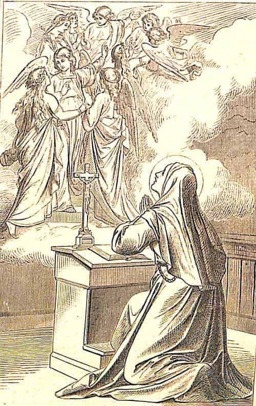 Die heilige Angela Merici kniet an ihrem Betstuhl und schaut eine Vision: sie sieht zahlreiche Engel von Wolken eingehüllt