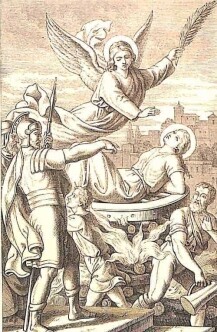 Die heilige Christina liegt gefesselt auf einem Rad, unter dem ein Feuer brennt.