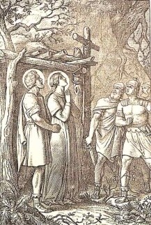 Die heiligen Geschwister Felix und Regula stehen im Wald vor ihrer Hütte, zum Himmel schauend, während römische Soldaten vor ihnen stehen.