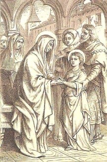 Die heilige Hildegard wird als Mädchen der Äbtissin des Kloster vorgestellt und übergeben.