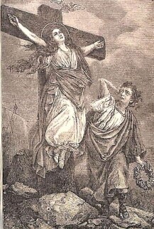 Die heilige Julia hängt am Kreuz, gekreuzigt wegen ihres Glaubens, während der römische Heide sie mit Bosheit anschaut