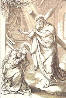 Die heilige Katharina von Genua kniet vor dem Heiland nieder, der ihr mit dem Kreuz auf der Schulter erscheint