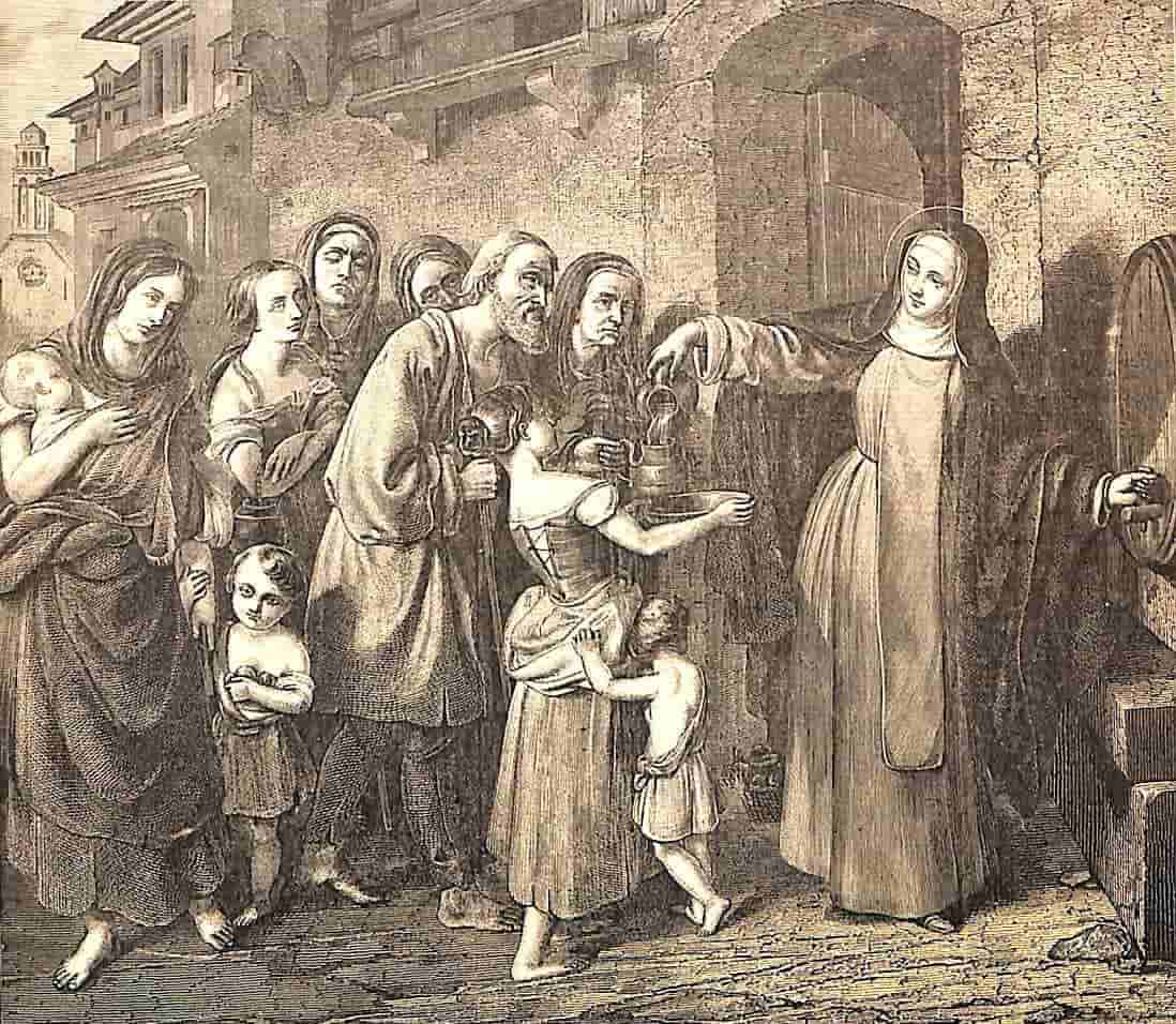 Die heilige Katharina von Siena verteilt vor dem Haus Almosen an die Armen des Ortes.